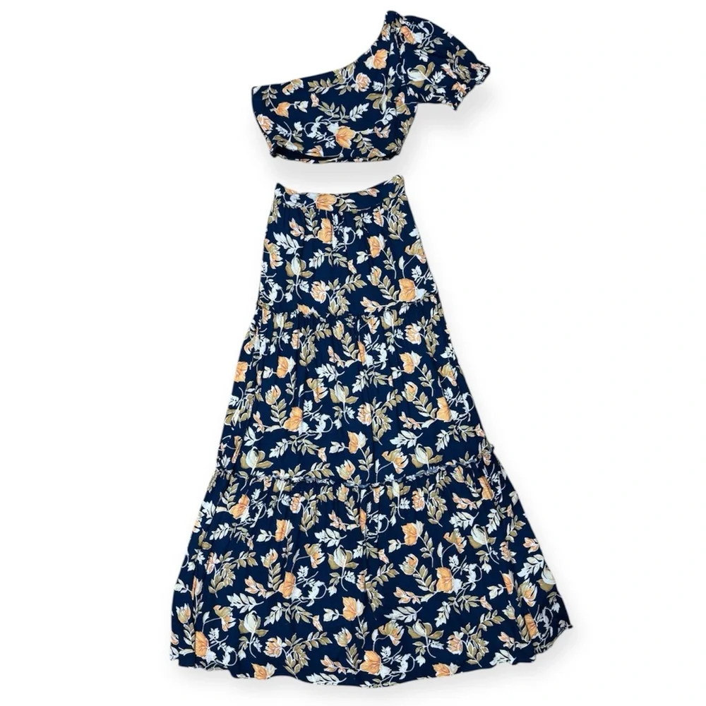 Seven Wonders Elana Crop Top Maxi Skirt Set Women XS One Shoulder Floral Tiered